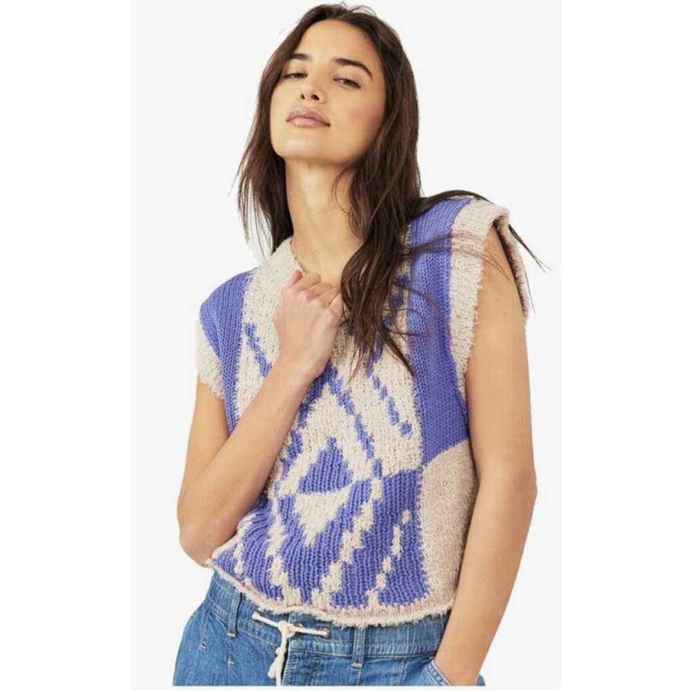 Free People Diamonds for Days Jumper Vest Sweater‎ Argyle V Neck Periwinkle Med